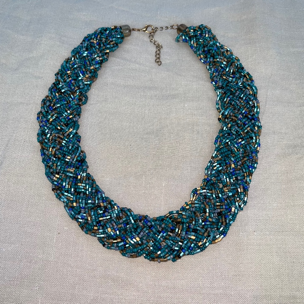 Collar-length blues & gold artisnal beaded necklace (18-20")